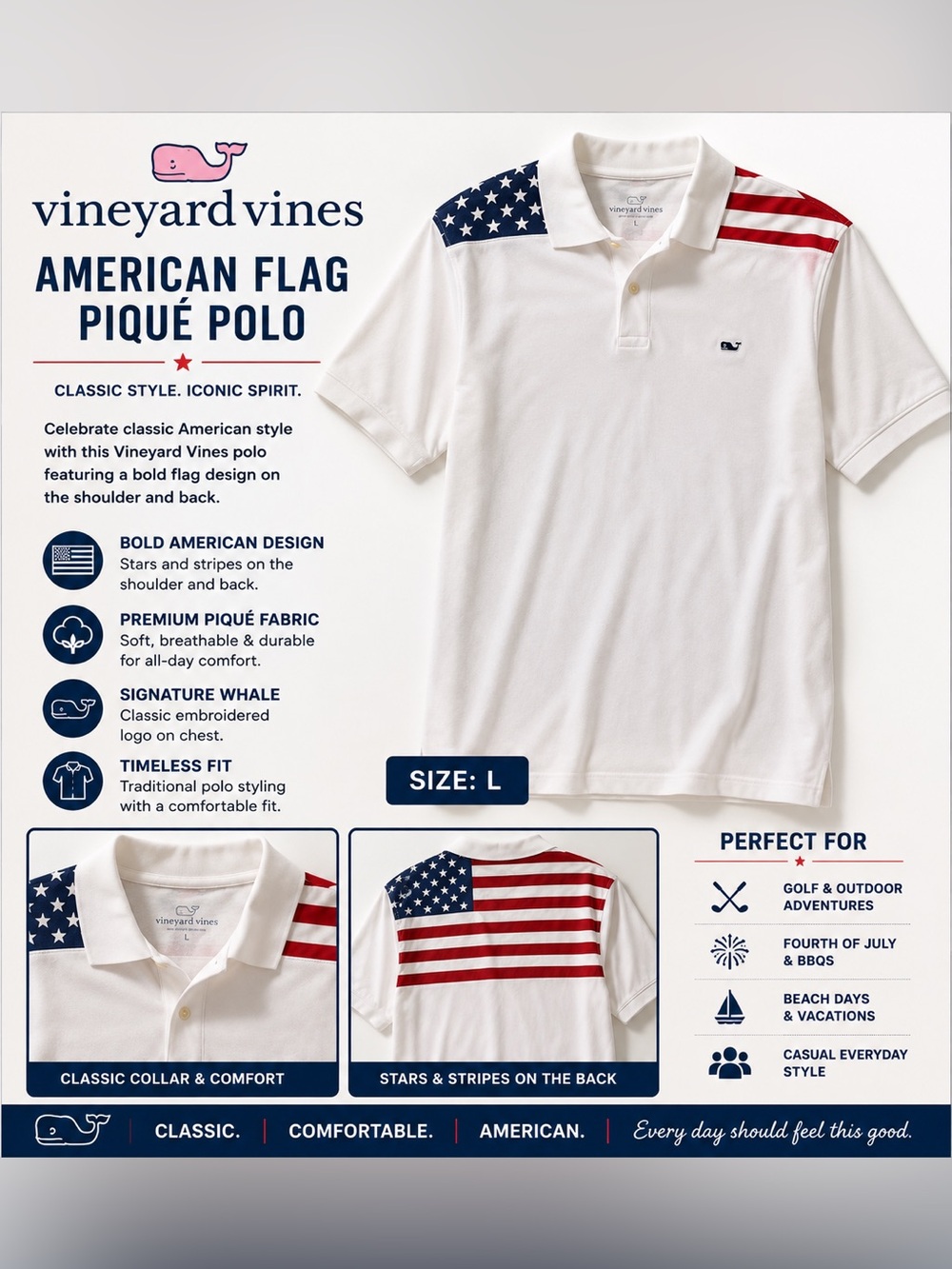 Vineyard Vines White Polo with American Flag Shoulder Detail